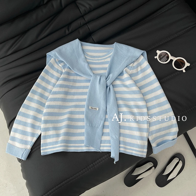 阿卷春夏装儿童韩版时尚个性撞色条纹海军领休闲长袖T恤HCXZ4186