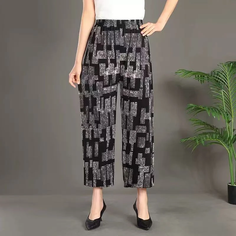 夏季中老年妈妈八分冰丝裤阔腿裤休闲裤宽松印花直筒百搭中高腰
