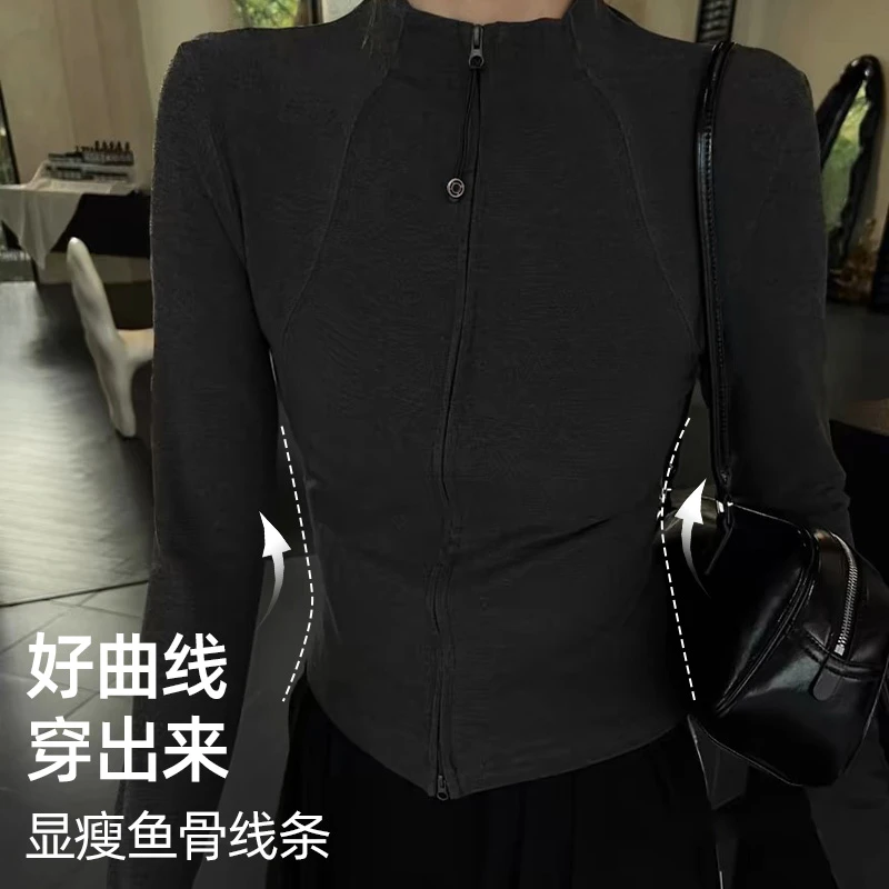 立领开衫外套女秋冬可外穿双拉链卫衣运动加绒加厚内搭修身上衣