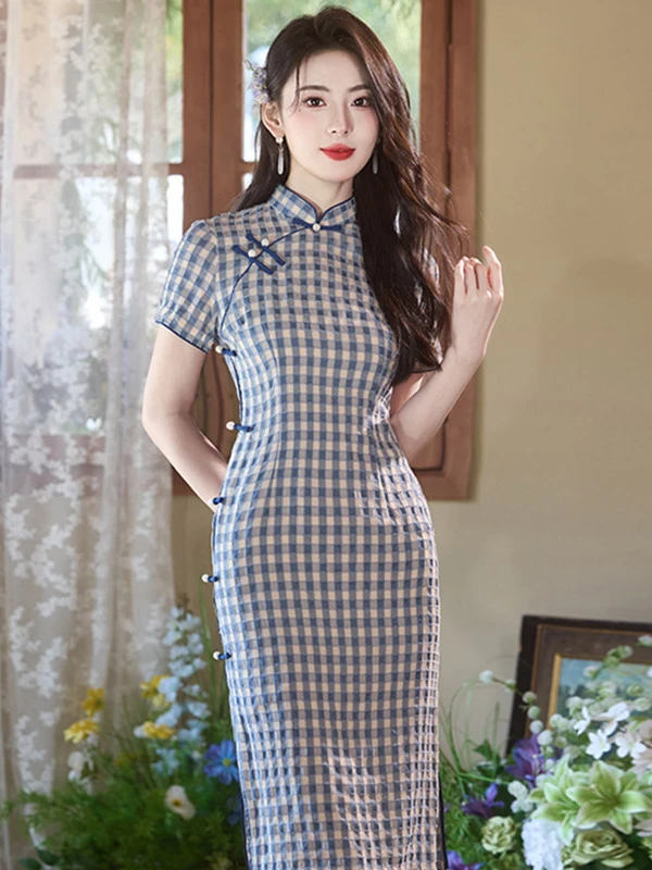 旗袍裙中长裙气质日常连衣裙高腰显瘦2025夏季新款拼接格子套头