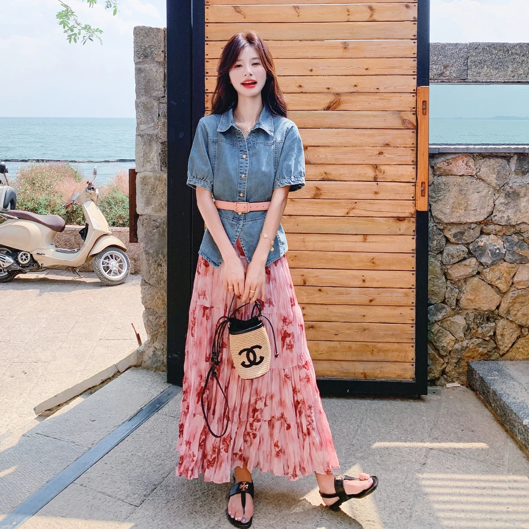 复古牛仔上衣蝴蝶印花半身裙套装女2025夏季新款设计感收腰两件套
