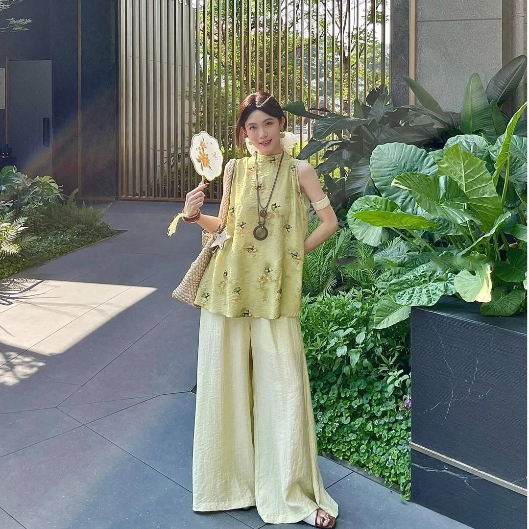 新中式夏季禅意小唐人古风无袖衣加高腰裤裙套装老钱风