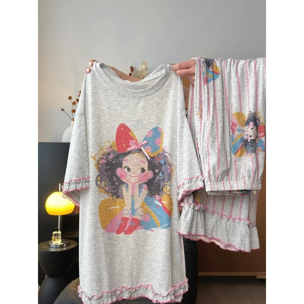 韩系甜美卡通印花可爱短袖睡衣女夏季新款宽松显瘦长裤家居服套装