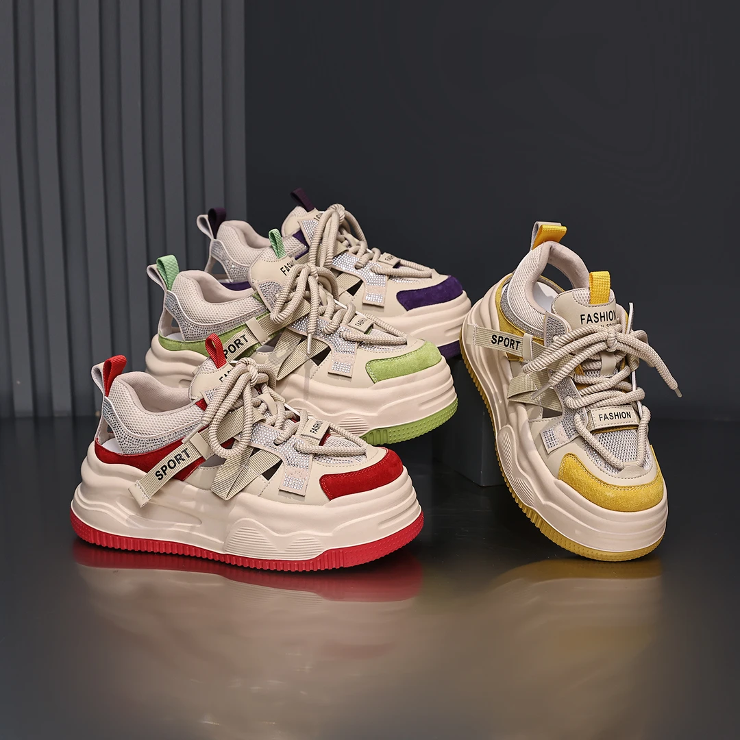 休闲时尚板鞋2025夏季新款拼色亮钻透气镂空老爹鞋轻奢风女鞋