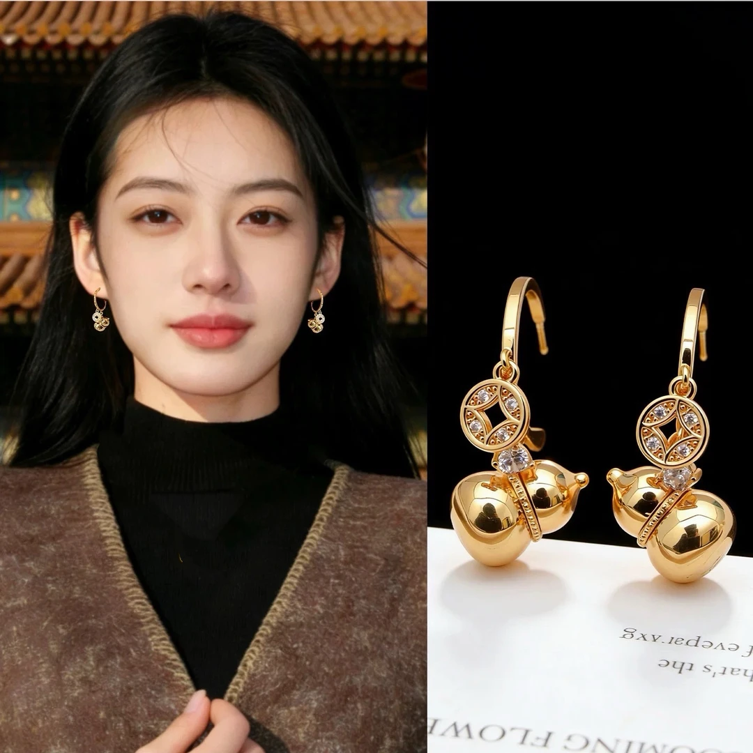 铜合金耳饰 新中式金色葫芦金币国风独特个性气质高级感贵气耳饰