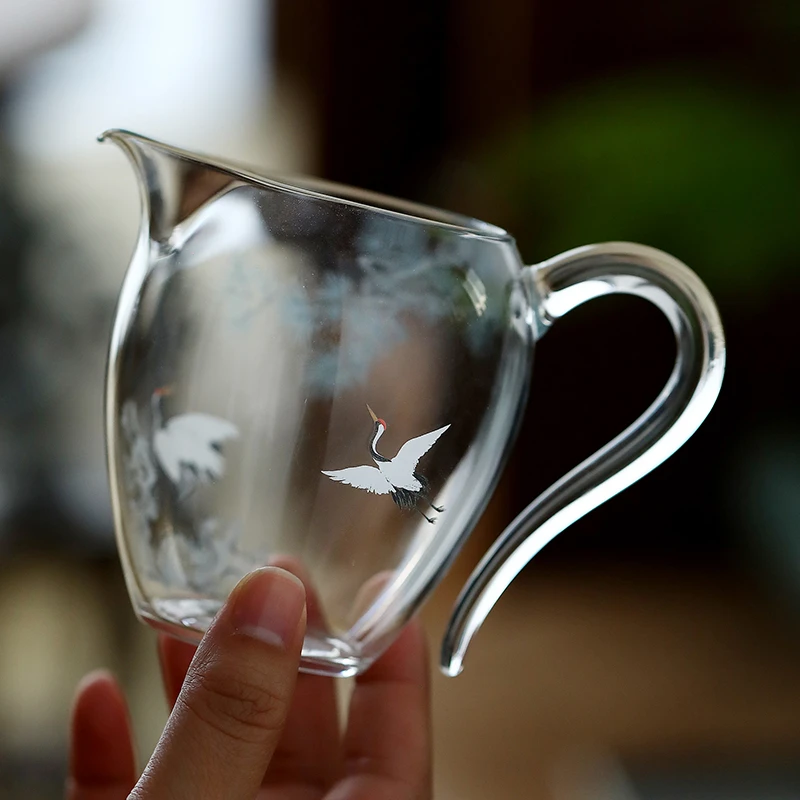 百垚松鹤高硼硅耐热玻璃把手公道杯家用防烫匀茶杯创意清新分茶器