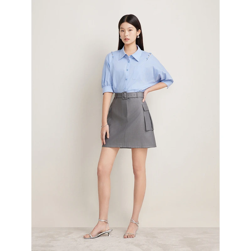 Goodland美地新款蓝灰撞色拼接衬衫假两件连衣裙LC34205120