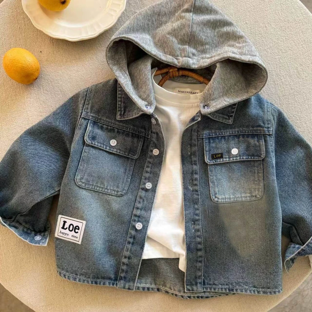 儿童春秋外套春男童日系潮牌连帽牛仔潮流宝宝洋气夹克女童上衣