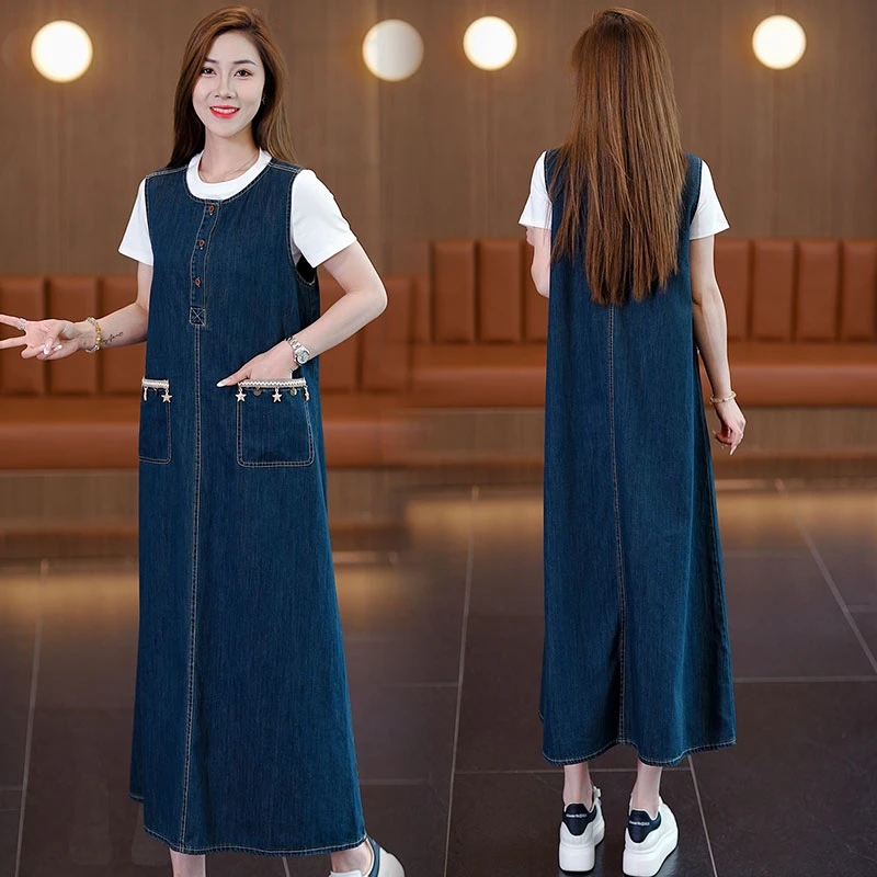 时尚套装夏季套装牛仔休闲裙子韩版宽松短袖中长款大码复古长裙