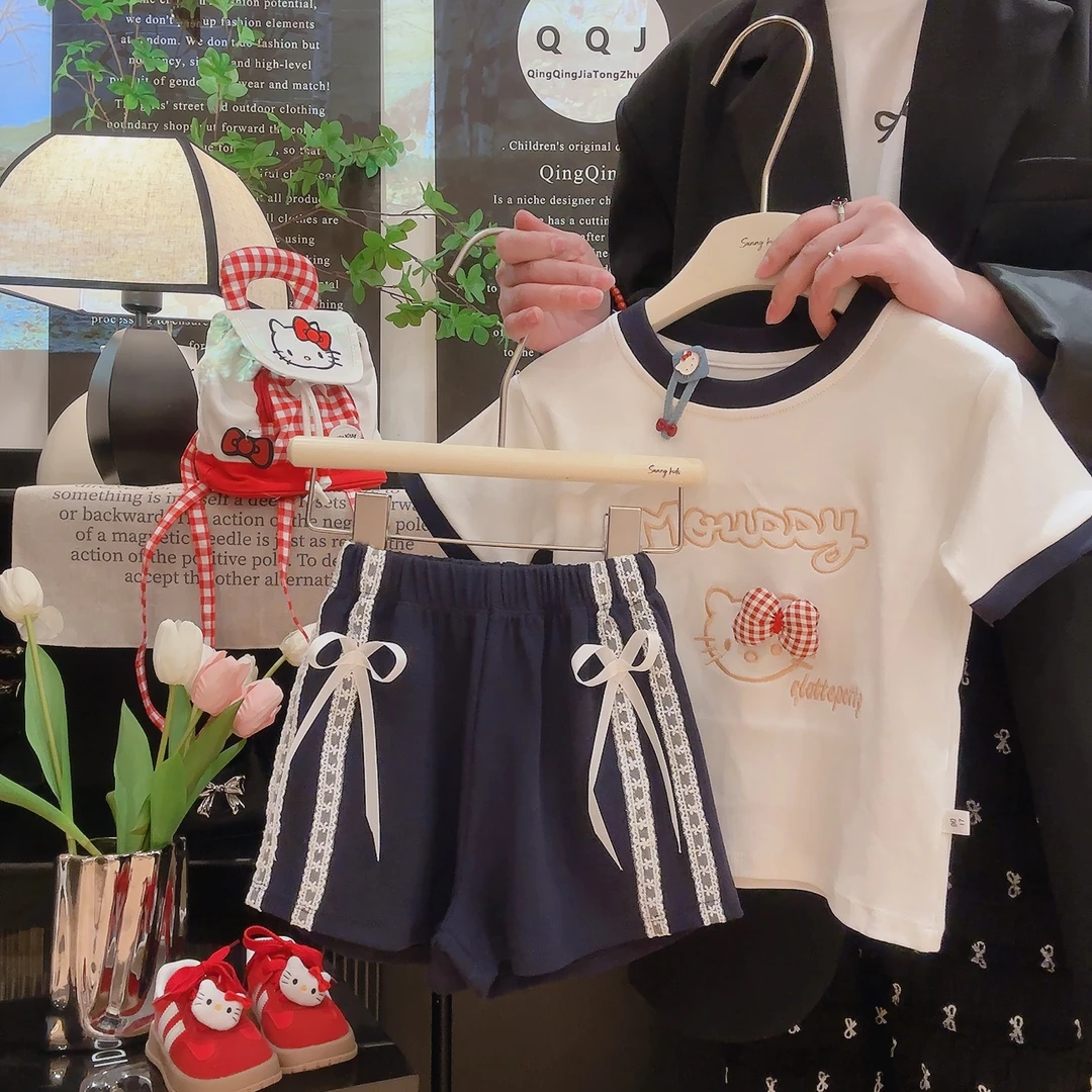 夏季新款女童儿童时尚洋气刺绣花边短袖短裤套装