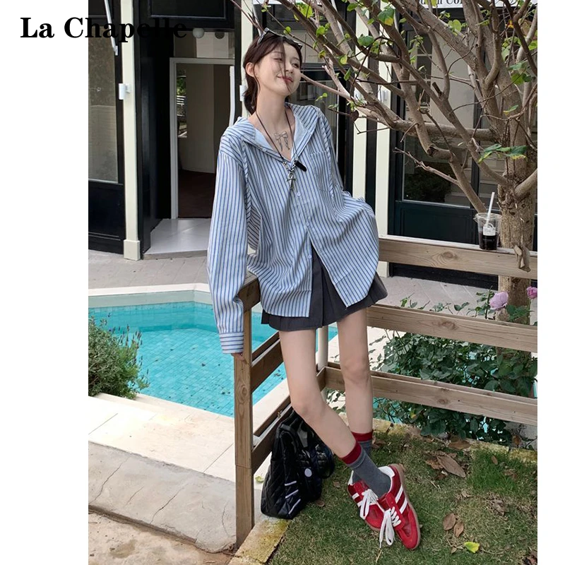 La Chapelle/拉夏贝尔简约连帽衬衫女2025春夏新款竖条纹长袖外套
