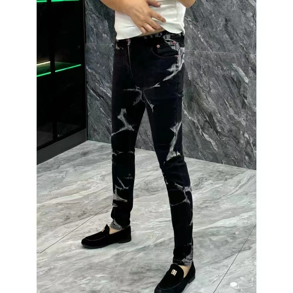 水墨黑牛仔裤男士2025秋季新款黑色修身直筒潮流痞帅长裤子男款