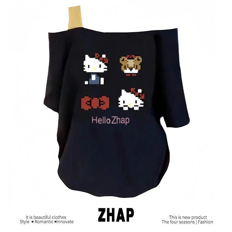 【ZHAP】新款单肩露肩吊带宽松短袖t恤女藏青色宽松印花百搭上衣