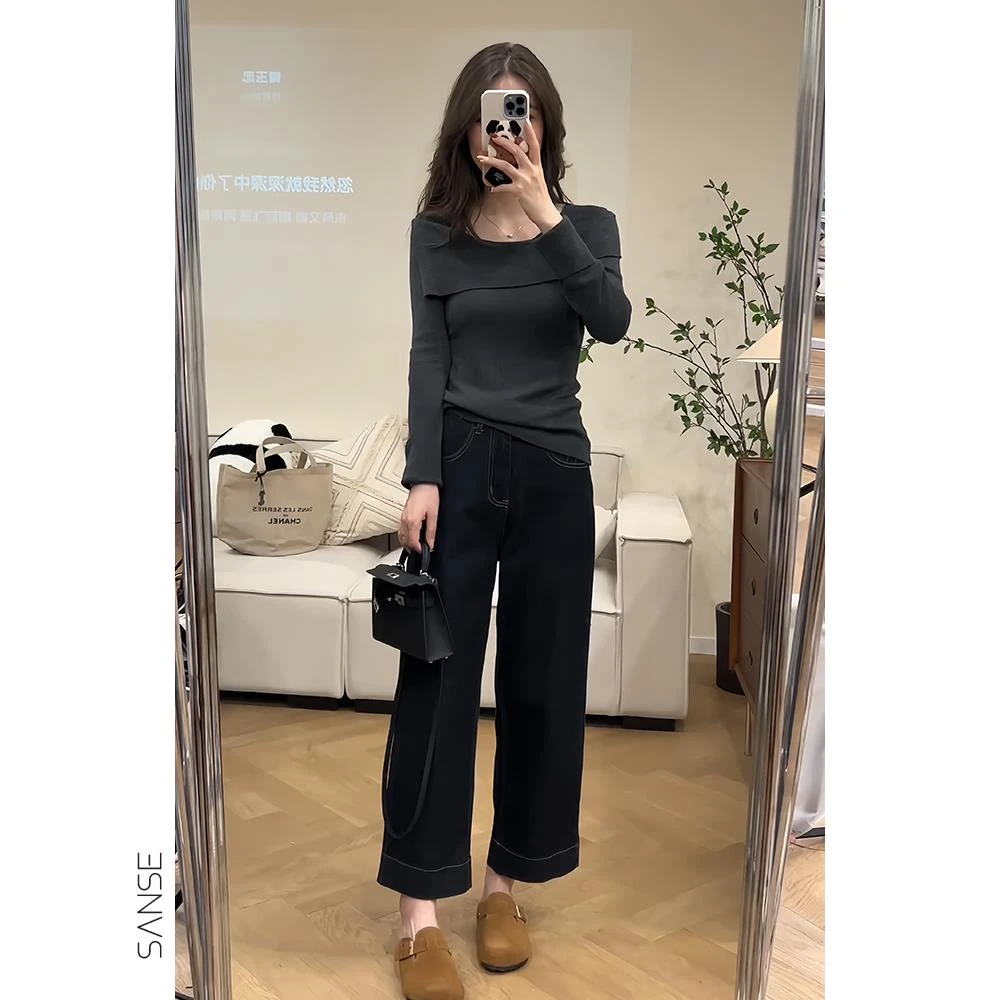 秋装女2025年新款时尚套装设计感长袖针织衫牛仔阔腿裤减龄两件套