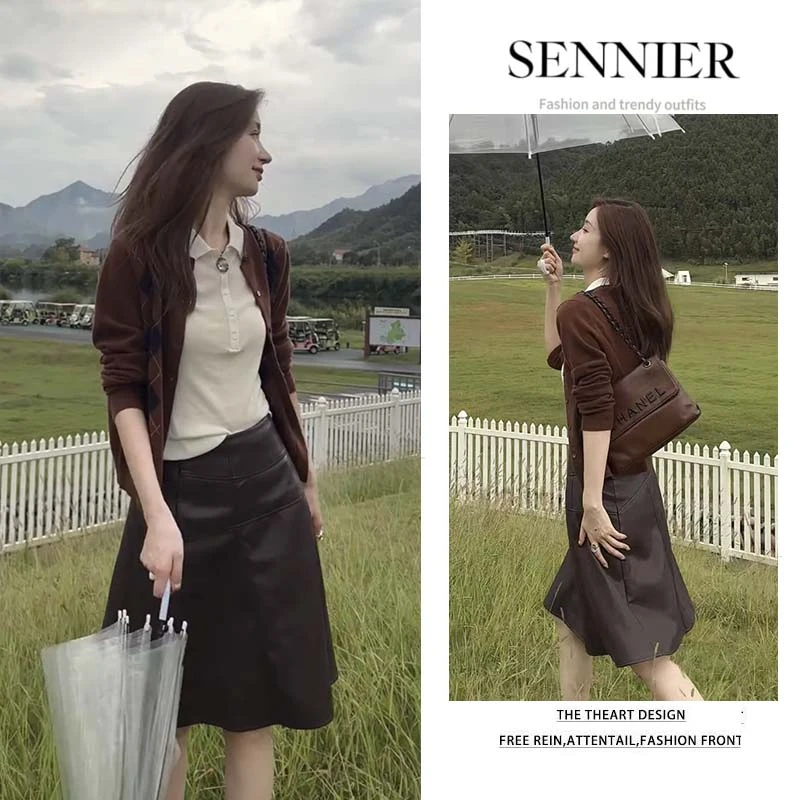 秋季搭配一整套女装2025新款百搭开衫polo领内搭显瘦半身裙三件套