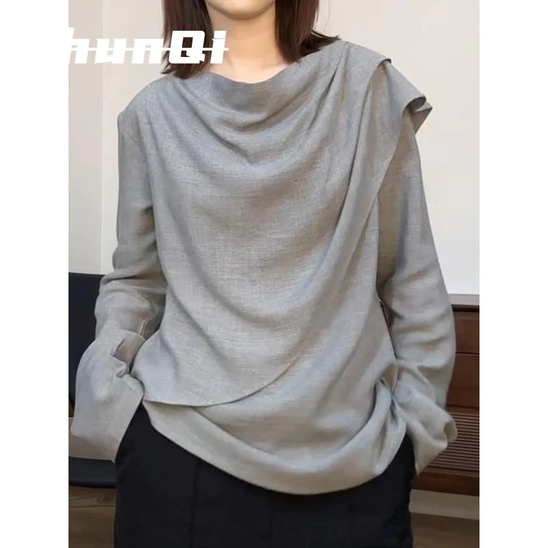 淳启慵懒松弛感荷叶领长袖T恤女洋气独特不规则宽松休闲长袖上衣