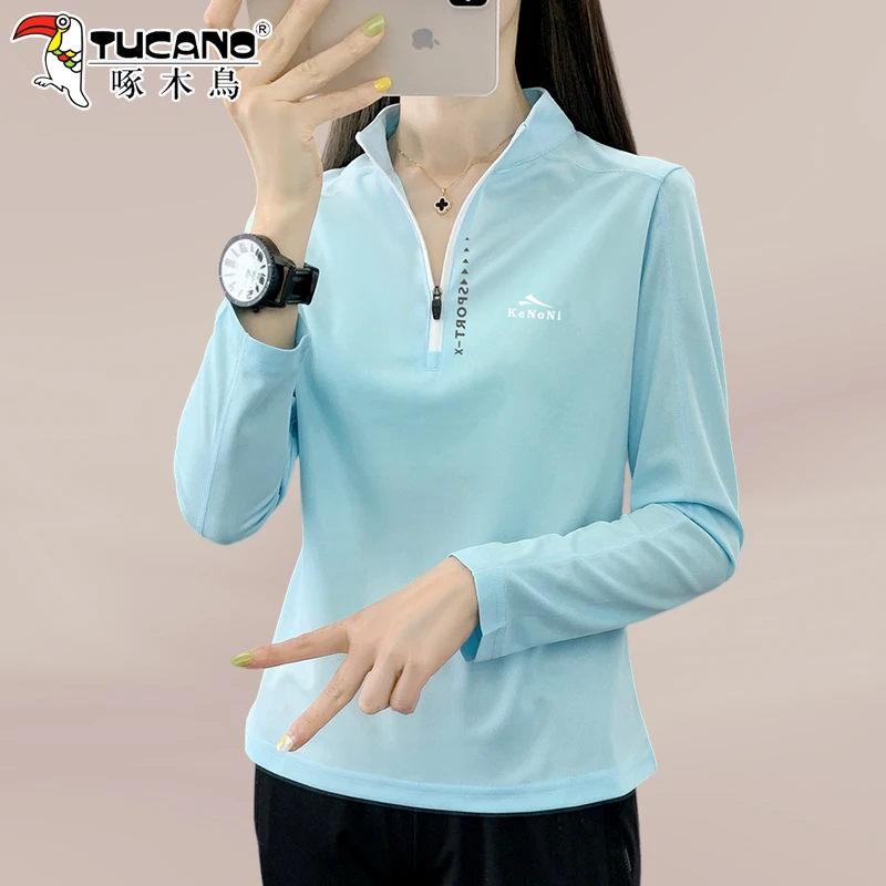 啄木鸟立领长袖t恤女2025新款春秋户外跑步运动上衣女士速干衣