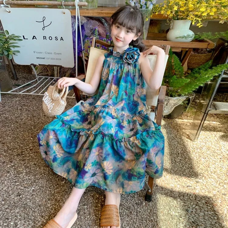 女童裙子夏季2025新款大童夏装公主度假吊带海边连衣裙儿童蛋糕裙
