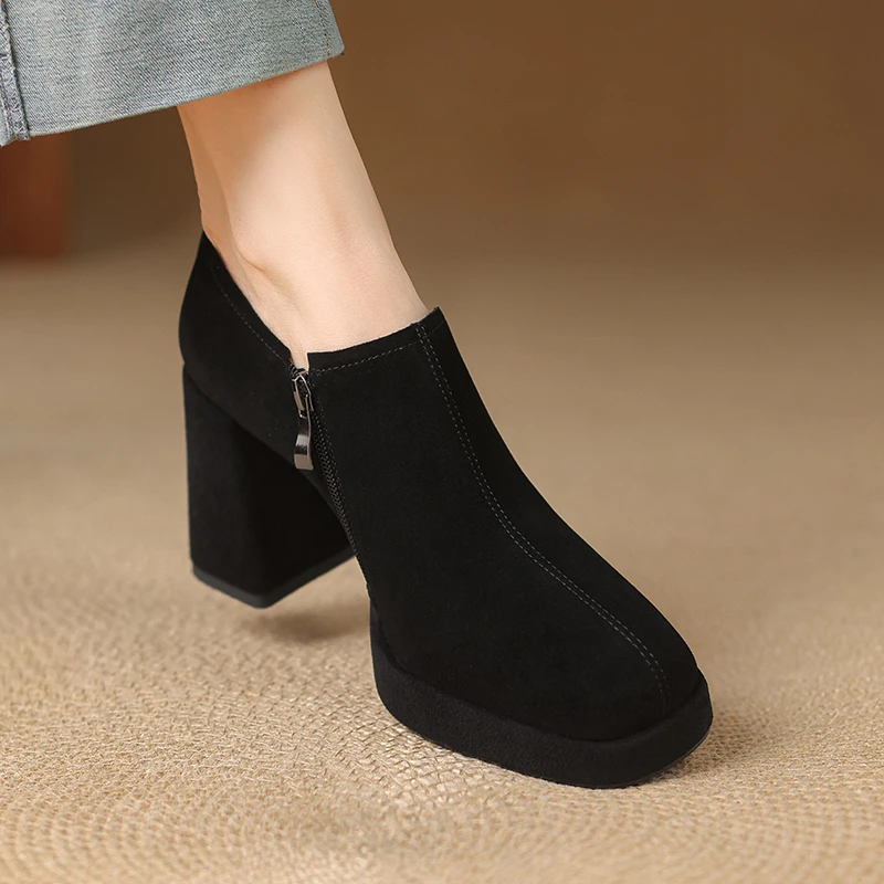 玥小姐手工女鞋9cm粗跟深口单鞋通勤百搭真皮不累脚防水台高跟鞋