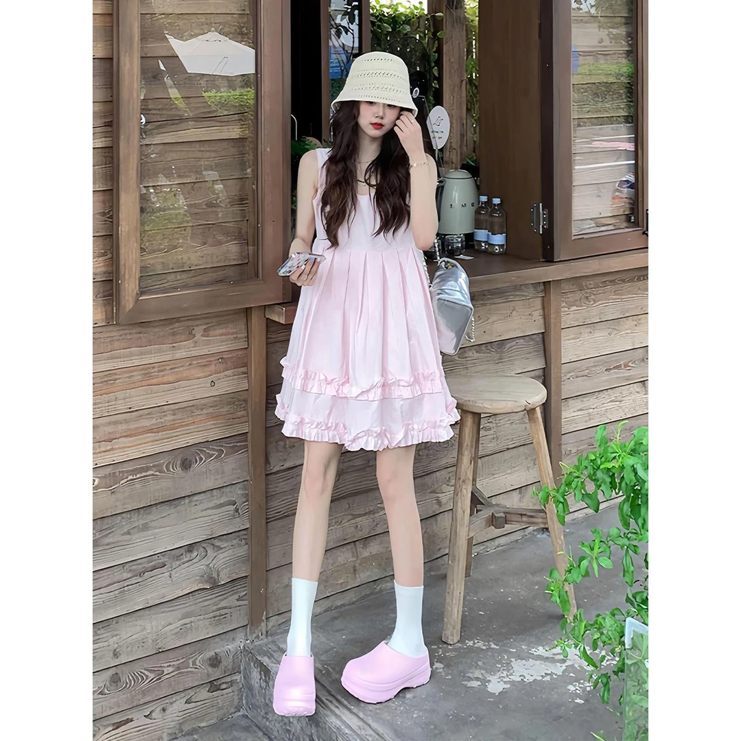 法式气质小香风粉色背心连衣裙女夏季2025新款小个子收腰无袖裙子