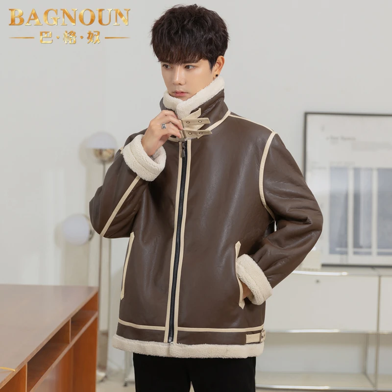 巴格奴夹克男士秋冬新款时尚翻毛领加厚机车服皮衣短款飞行服外套