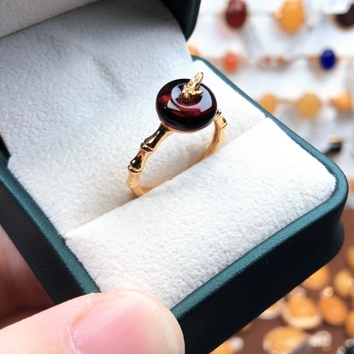 血珀银S925镀金镶嵌戒指