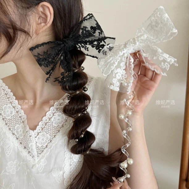 蕾丝蝴蝶结泡泡辫发绳珠珠电话线多功能发圈显发量神器低马尾