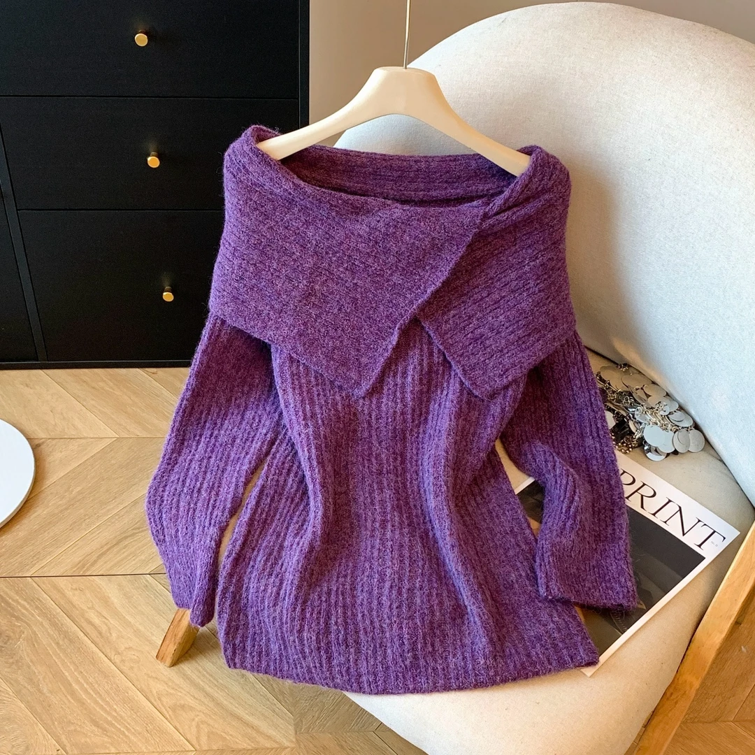 紫色一字肩套头毛衣女秋冬外穿宽松慵懒高级感中长款翻领针织上衣