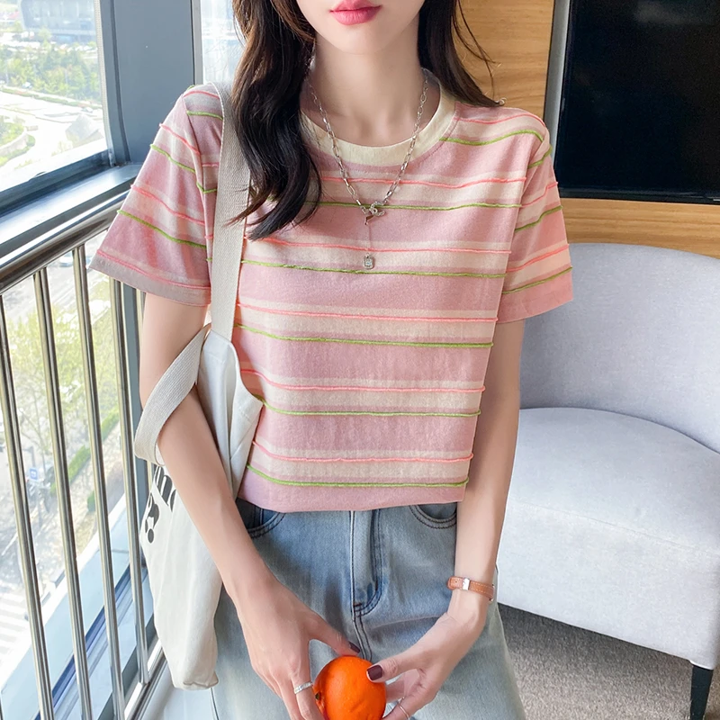 2025韩系减龄条纹短袖T恤衫正肩显瘦百搭上衣服设计感小众女装潮