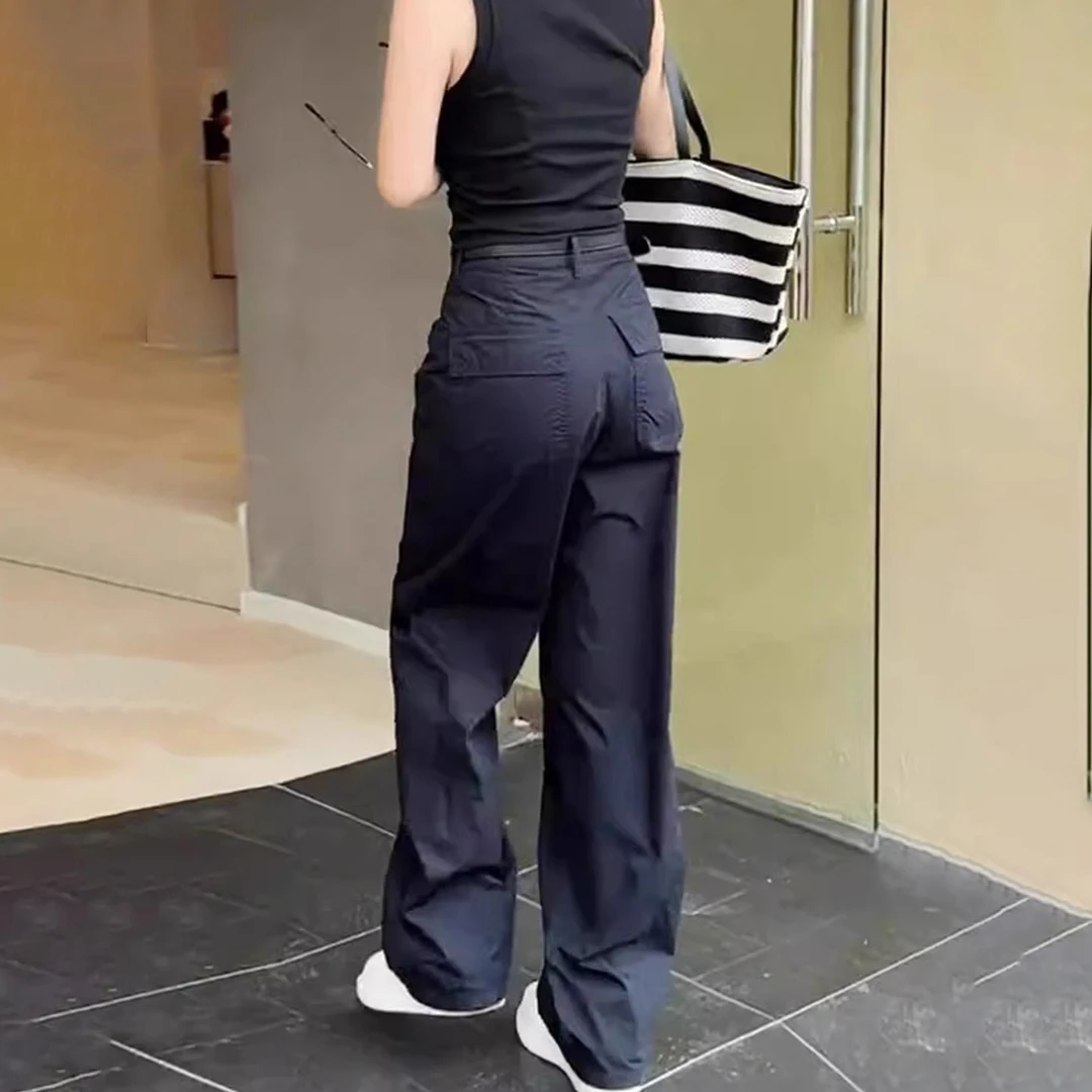 藏青色简约风休闲裤女秋季新款大码胖mm高腰宽松显瘦工装风阔腿裤