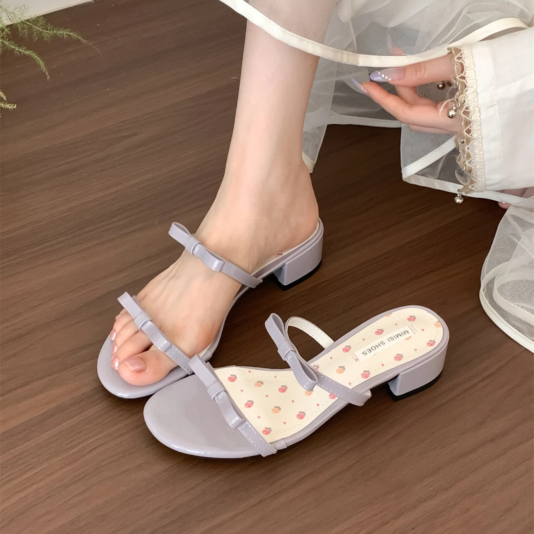 欢梨"初夏莫奈"法式蝴蝶结露趾一字拖鞋女夏季外穿粗跟仙女凉拖鞋