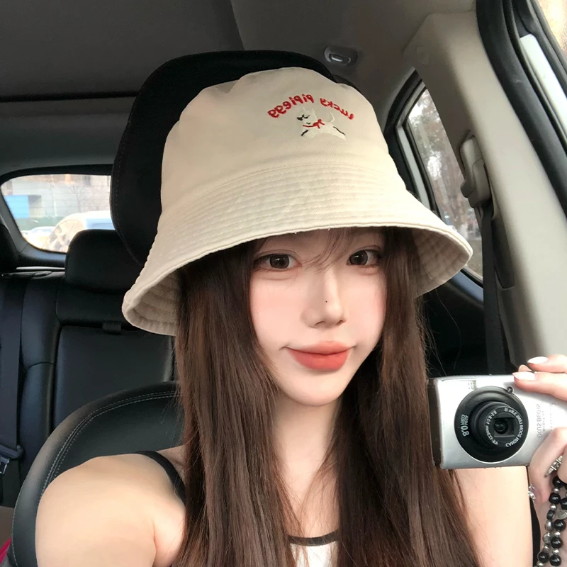 可爱小狗刺绣渔夫帽子女春夏季新款显脸小出游遮阳防晒薄款水桶帽