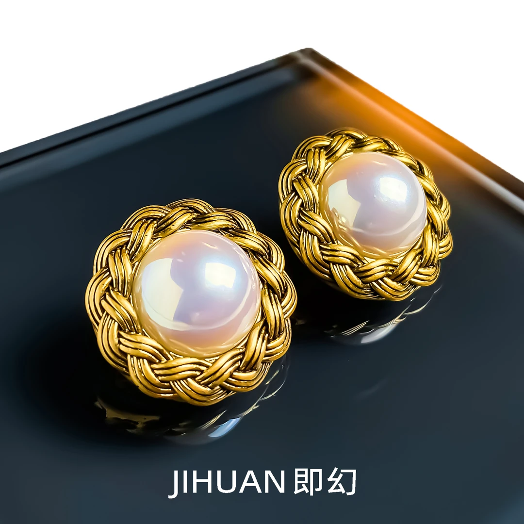 即幻 铜合金耳饰 法式气质编织纹金色复古高级时尚优雅耳钉9379