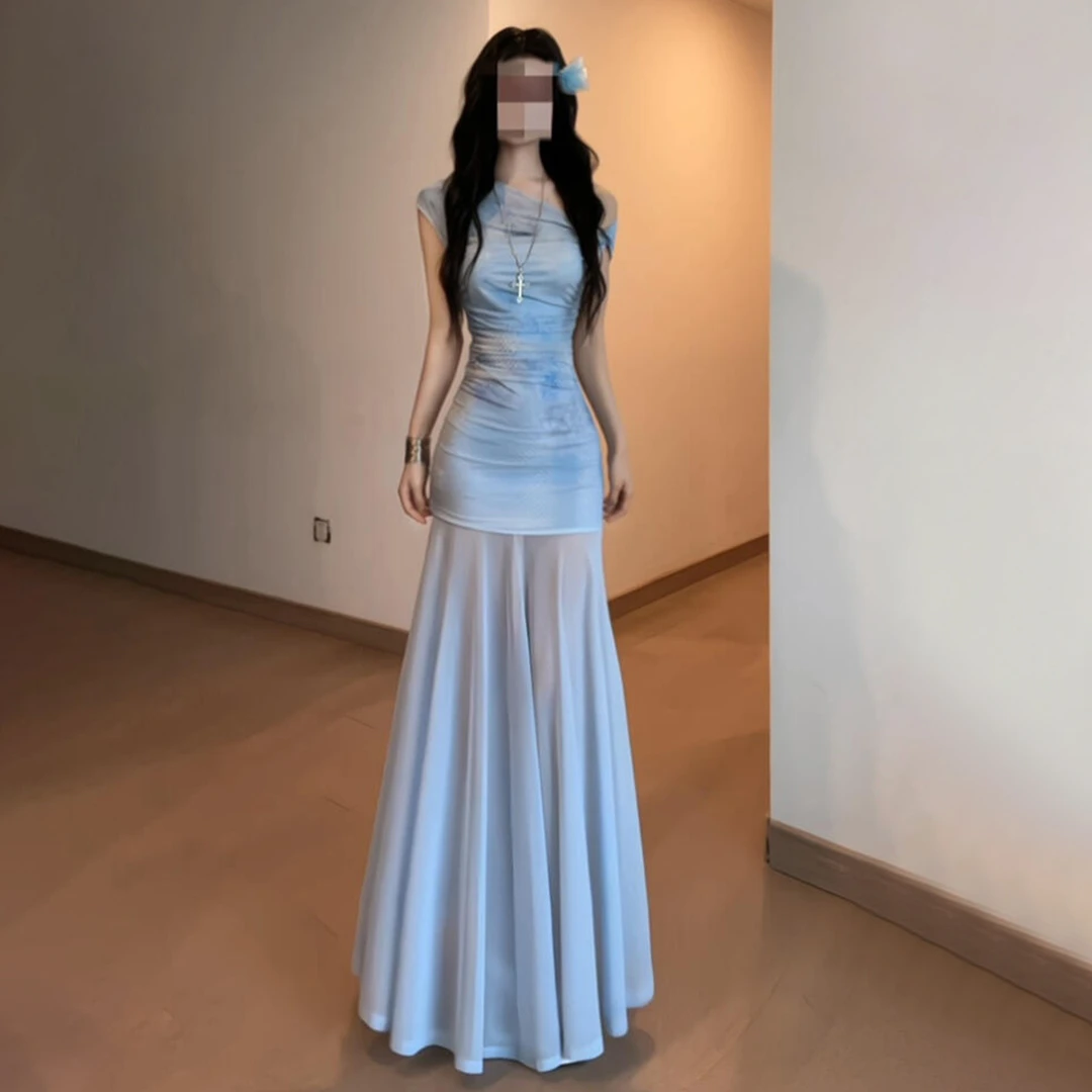 法式蓝色一字肩薄纱连衣裙子夏季纯欲慵懒风女装新款气质包臀长裙