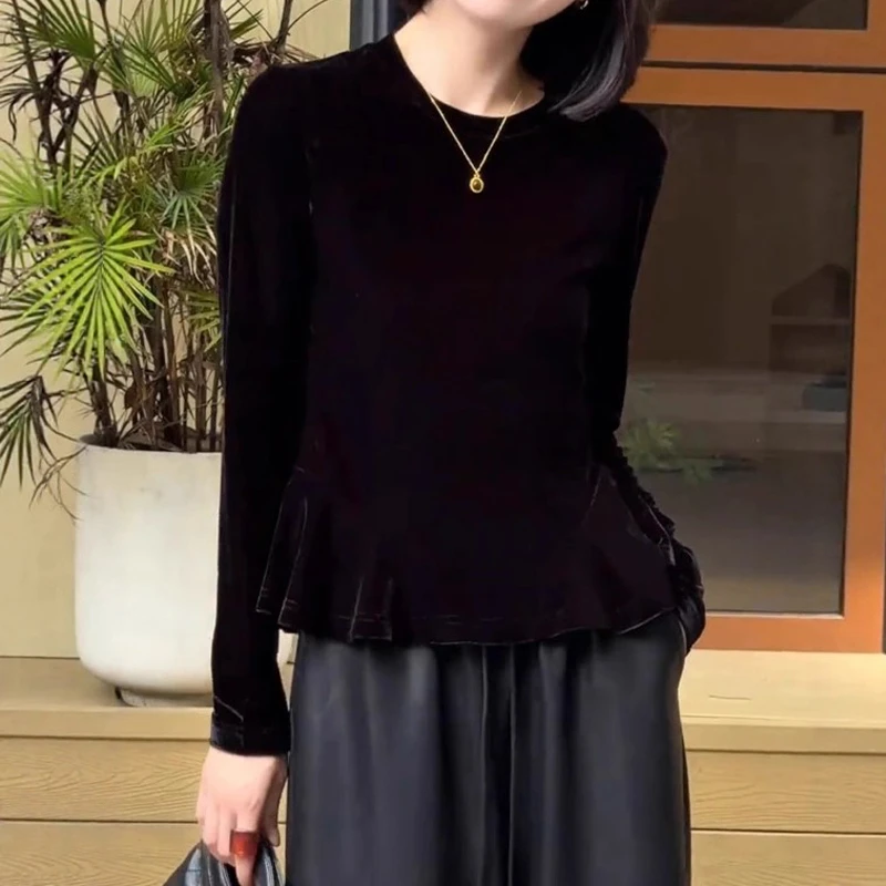 胖MM气质绝美丝绒上衣女2025新款今年流行时尚早秋荷叶边长袖t恤