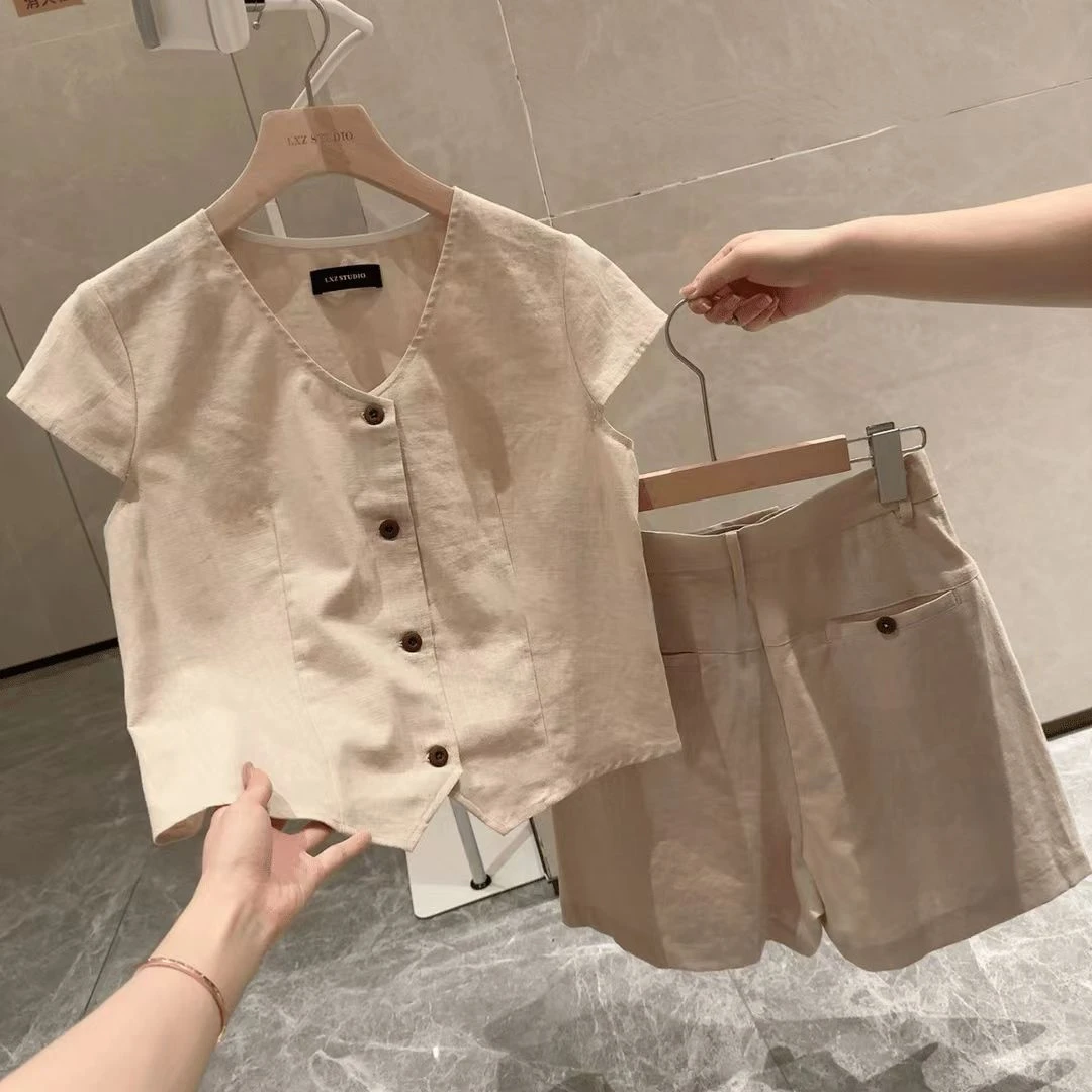 小个子棉麻短袖女25年夏季新款设计感高级感时尚洋气减龄百搭小衫