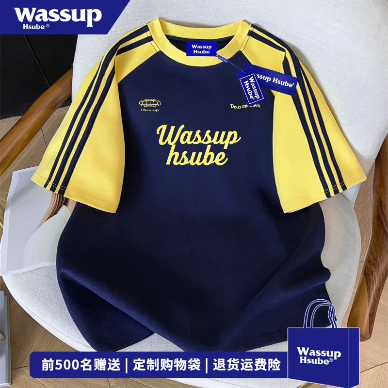 WASSUP HSUBE 美式vibe高街字母印花短袖t恤男夏季三条杠重磅上衣