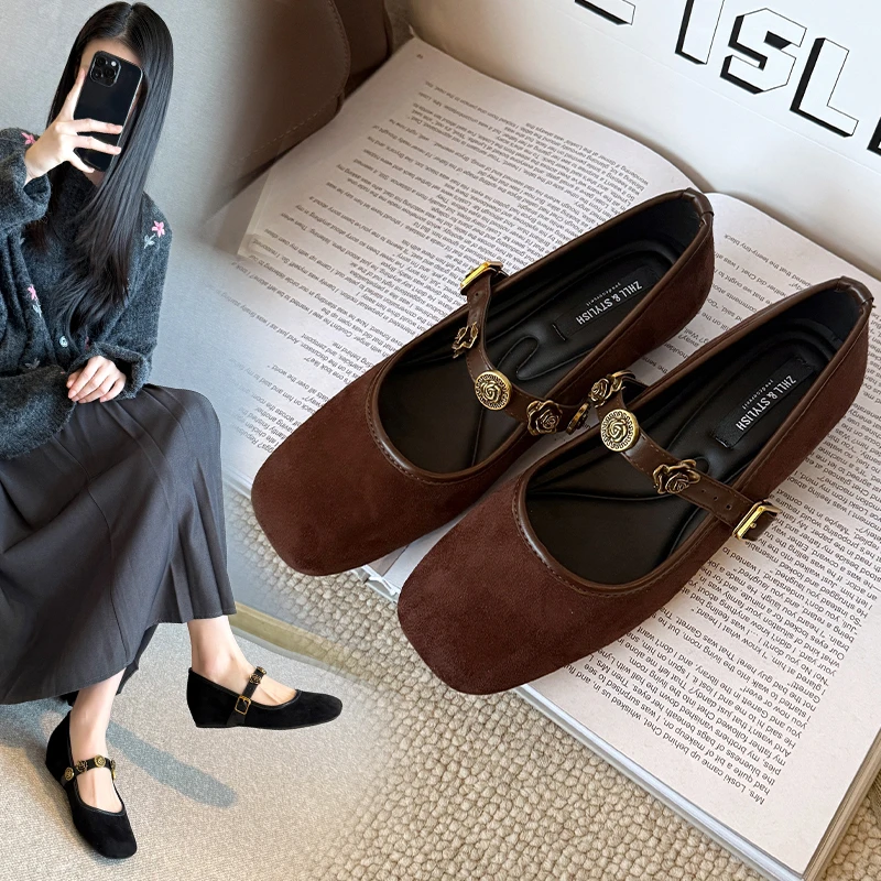 紫幻玲珑宽胖脚大码女鞋女鞋浅口法式单鞋一字式扣带软底胖mm通勤