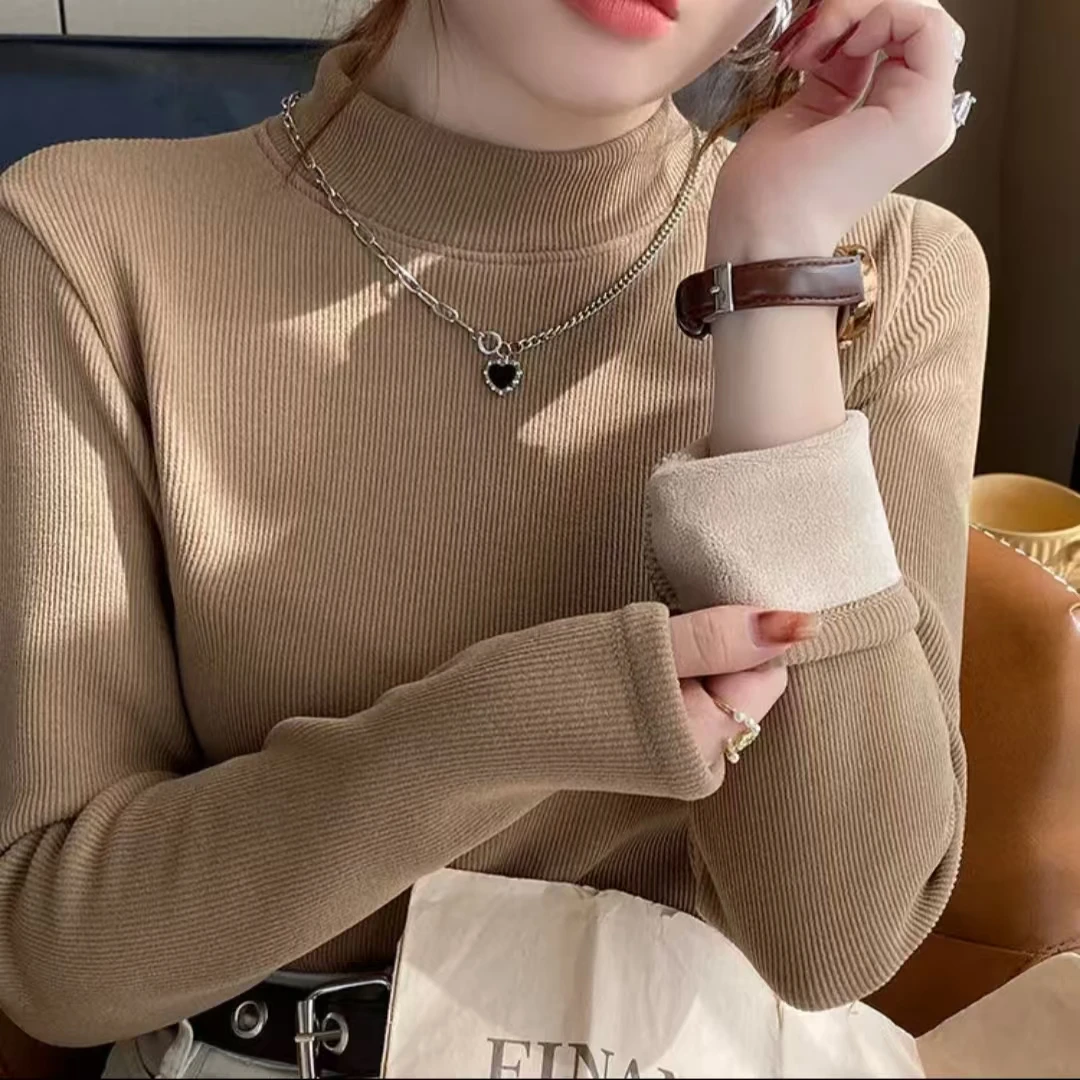 (500克加绒加厚)秋冬女士修身内搭半高领长袖T恤女保暖打底衫