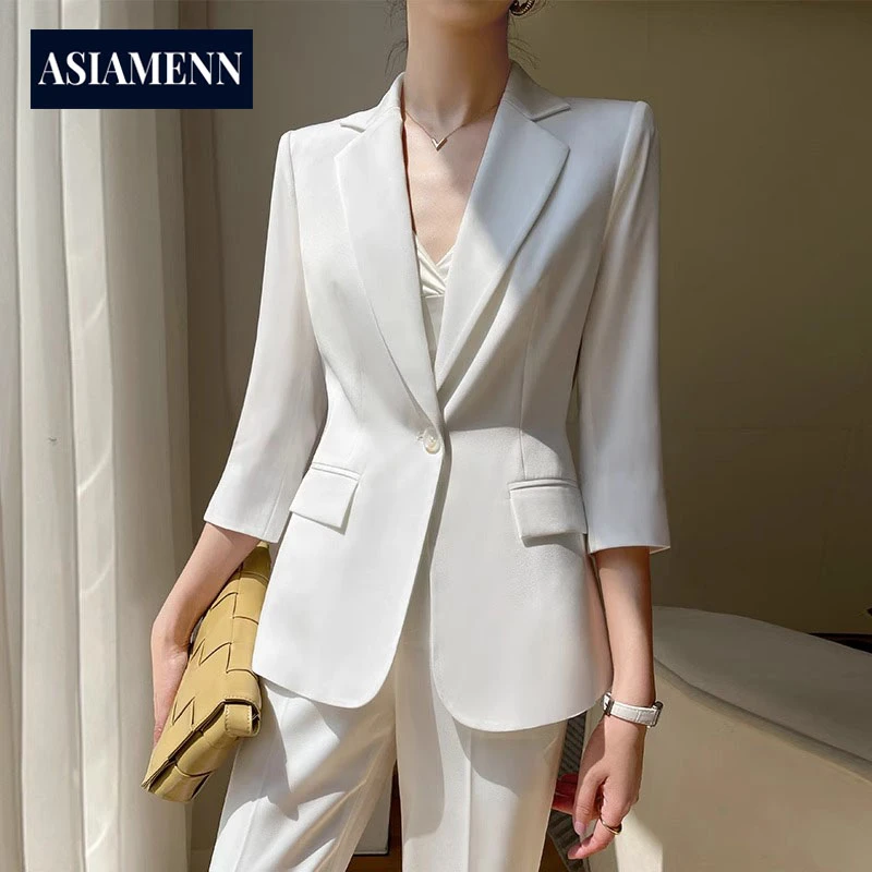 高端白色西装套装女气质女神范夏季薄款OL休闲职业工作服西服外套