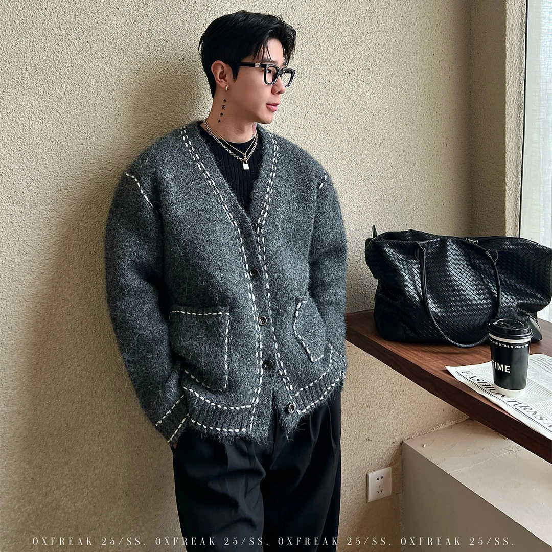 OXFREAK「手工编织明线」老钱羊毛混纺开衫毛衣男冬季保暖针织衫