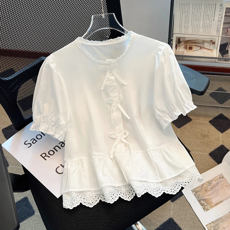 韩系简约百搭蕾丝衬衫女春夏新款设计感百搭圆领蝴蝶结短款上衣
