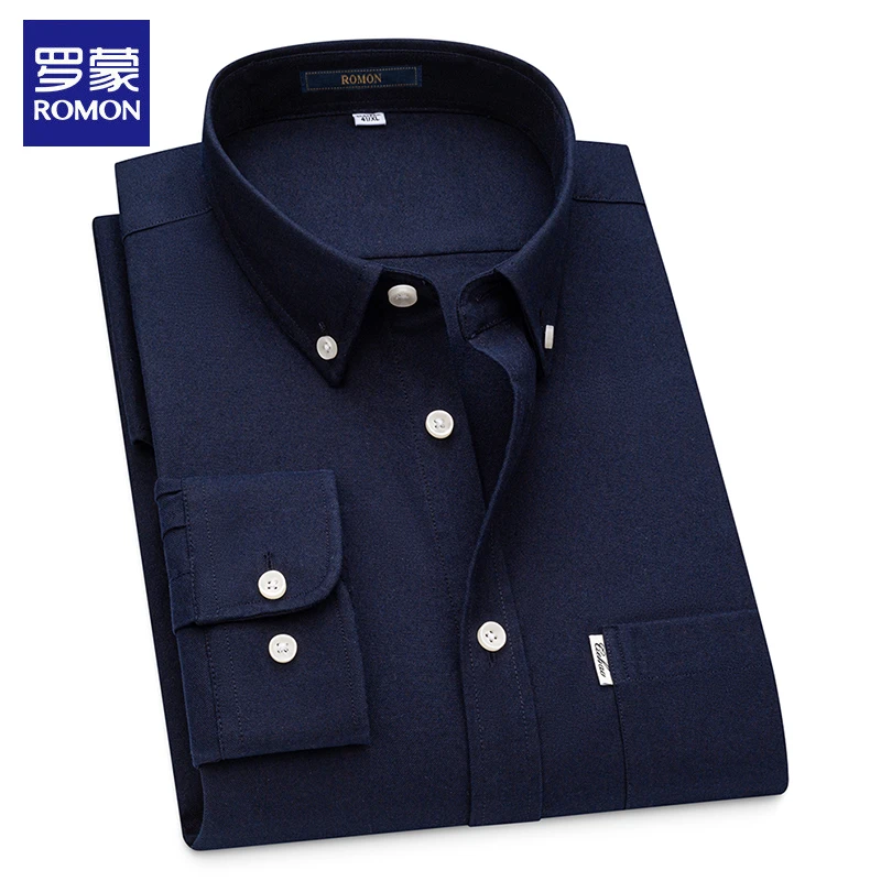 罗蒙100%纯棉牛津纺长袖衬衣男休闲宽松男装中青年春秋新款棉衬衫
