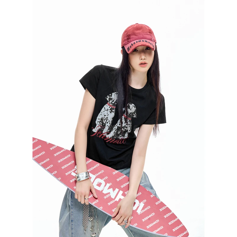 ICHMODE美式短袖T恤女凉感上衣休闲通勤夏季复古宽松印花