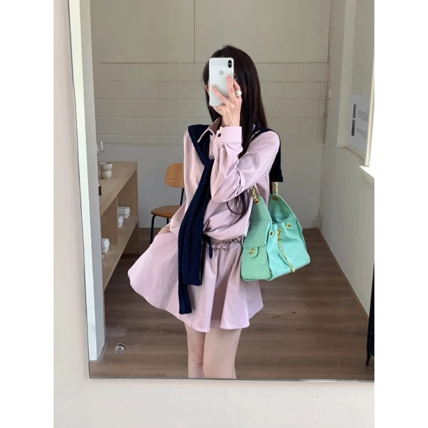 【赵小小&秋天的故事】7936针织披肩polo领长袖衬衫+半身裙【配披肩】