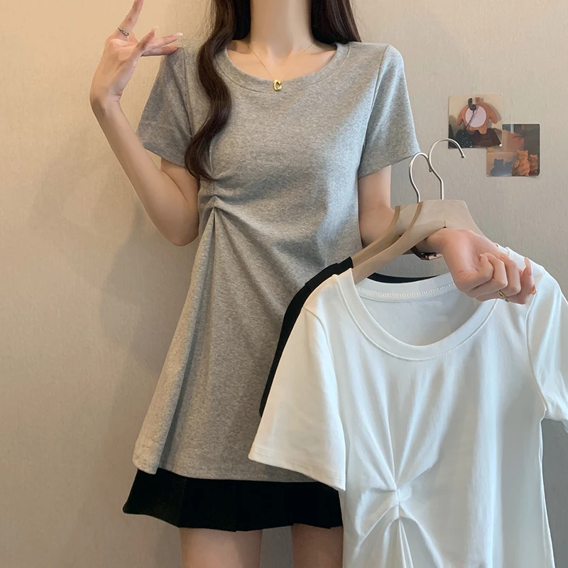 正肩圆领短袖t恤女夏季大码微胖mm显瘦褶皱设计感中长款收腰上衣