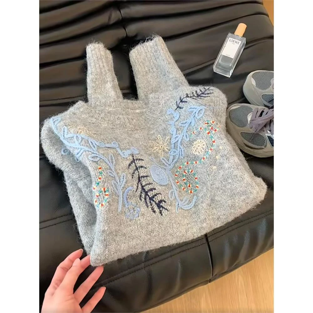 自留款推荐~慵懒风重工花朵刺绣圆领毛衣女秋冬新款甜美百搭上衣