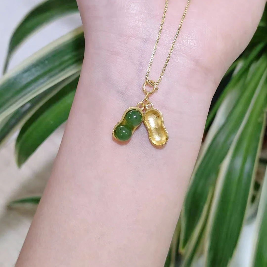 龙瑞珠宝-天然和田玉花生吊坠赠合金链花开富贵好事发生气质挂坠