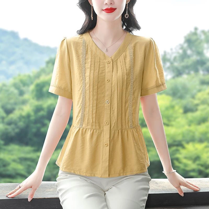 黄色v领短袖衬衫女士夏季新款夏装气质收腰衬衣女压褶上衣夏