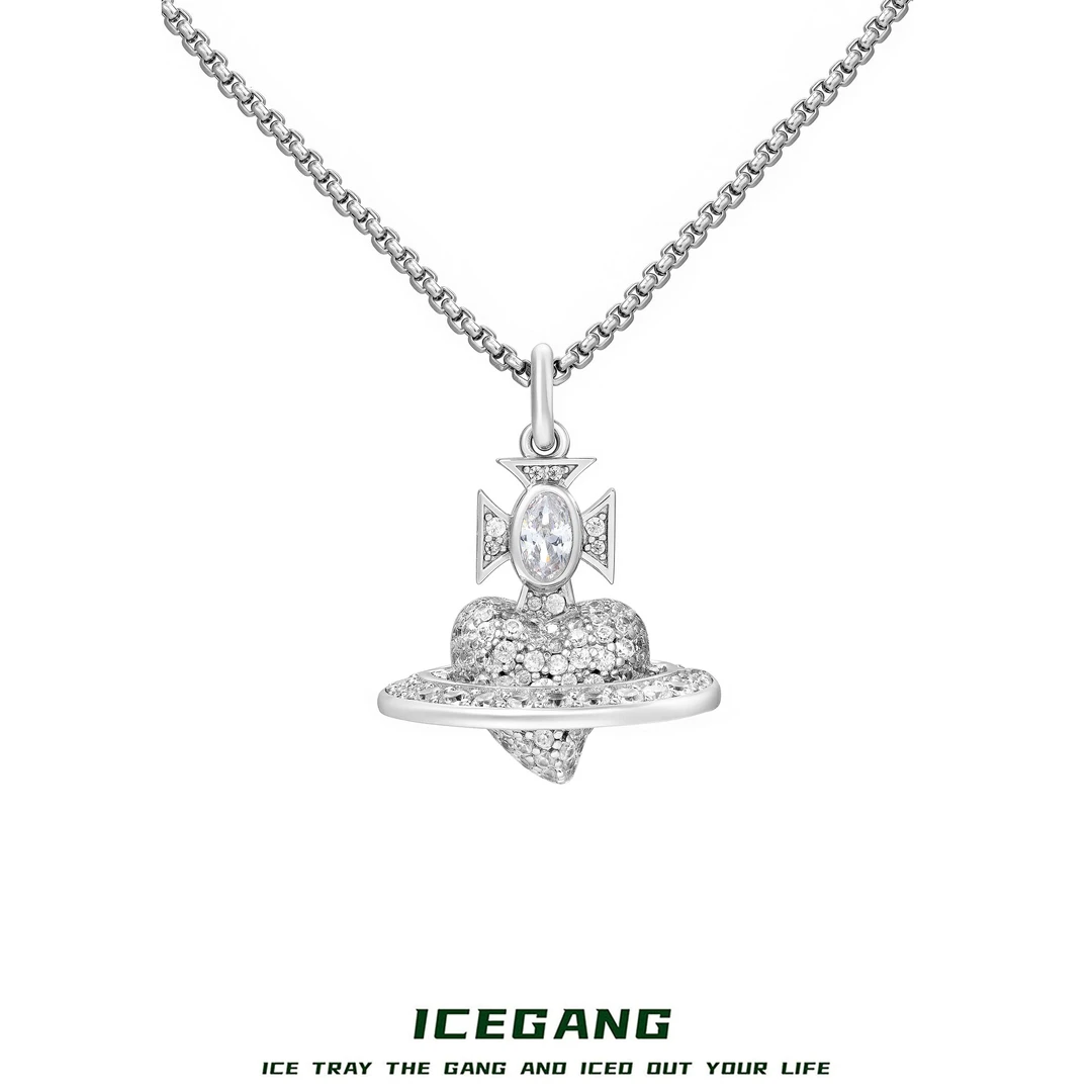 ICEGANG 铜合金合成锆石吊坠 太后土星爱心吊坠男女欧美情侣项链